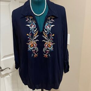 Floral Embroidered Navy Blouse Plus Size